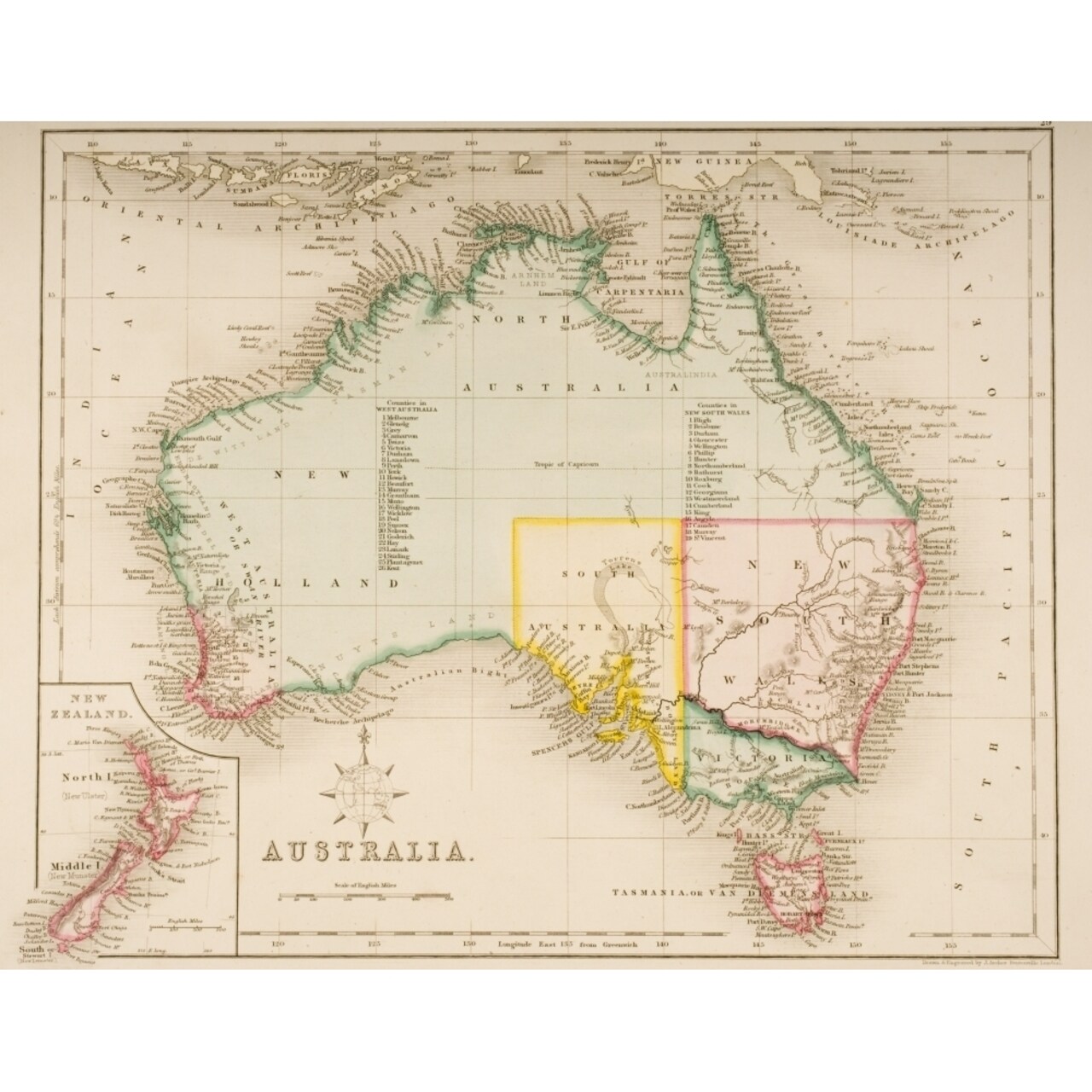 Map Of Australia And Zealand. Drawn And Engraved By J. Archer Pentonville London C.1830 Poster Print (8 X 10)